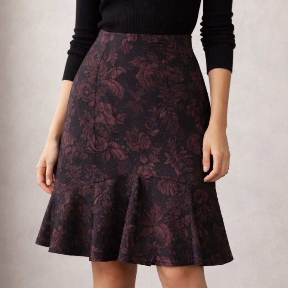 Ann Taylor Black and Plum Floral A-Line Flounce Skirt